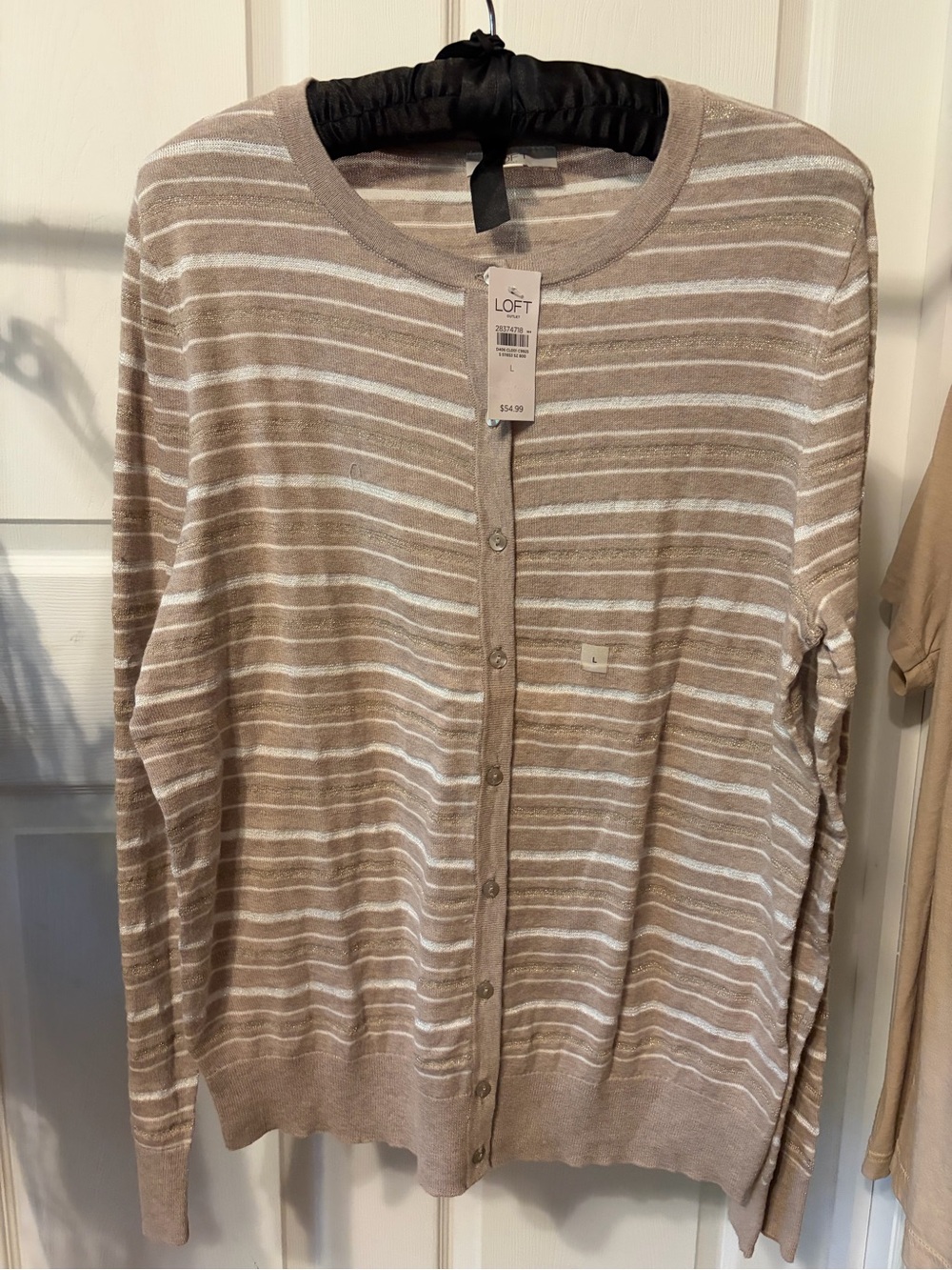 LOFT Beige & White Striped Women's Button-Front Cardigan